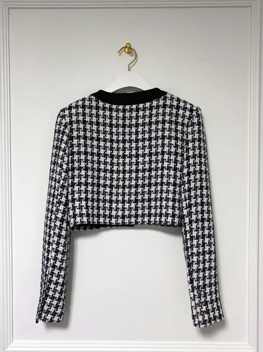 Elegant Cropped Jacket Women French Vintage Single Breasted Long Sleeve O-neck Top Autumn Y2k All-match Houndstooth Coats New