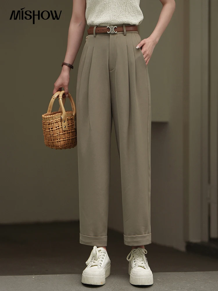 MISHOW Women's Suit Casual Pants Summer 2023 High Waist Pleated Solid Female Straight Ankle-Length Pants Office Lady MXC13K0007 bp women vintage pleated cropped pants with belt ankle length slim fit zip up elastic high waist office lady causal trousers