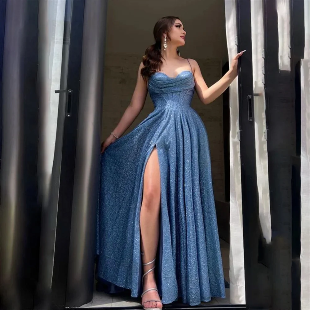 Elegant Long A-line Sweetheart Glitter Prom Dresses Slit Spaghetti Straps Floor Length Robes De Soir&eacute;e Formal Party Gowns