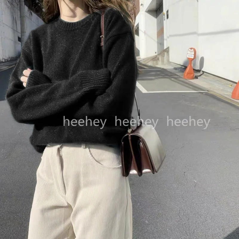 

Autumn and Winter Thickened Velvet Blended Knitwear Women's Loose Soft Glutinous Black Round Neck Underlay Sweater