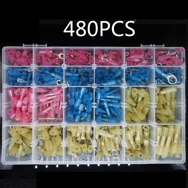 ชุดขั้วต่อสายไฟแบบหดด้วยความร้อน 480 ชิ้น ชุดขั้วต่อไฟฟ้าแบบกันน้ำ ขั้วต่อแบบต่อประกบ ขั้วต่อแบบสเปด ขั้วต่อแบบแหวน ขั้วต่อแบบประกบ 1