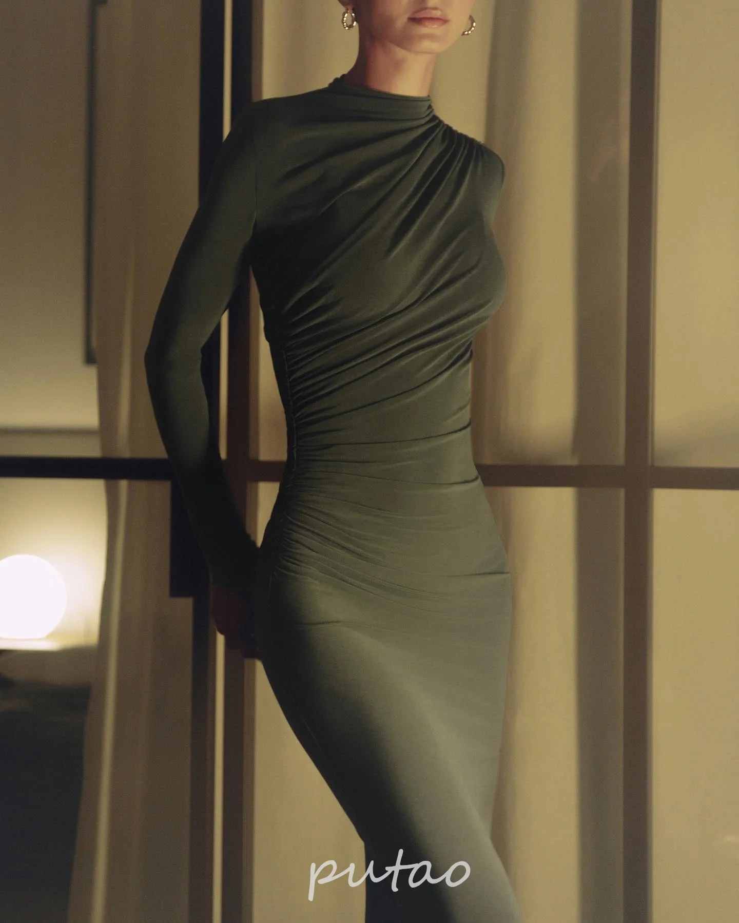 Putao Olive Midi Prom Dress With Asymmetric Draperies Formal Evening Dress Bodycon Long Sleeves Elegant Ankle Length