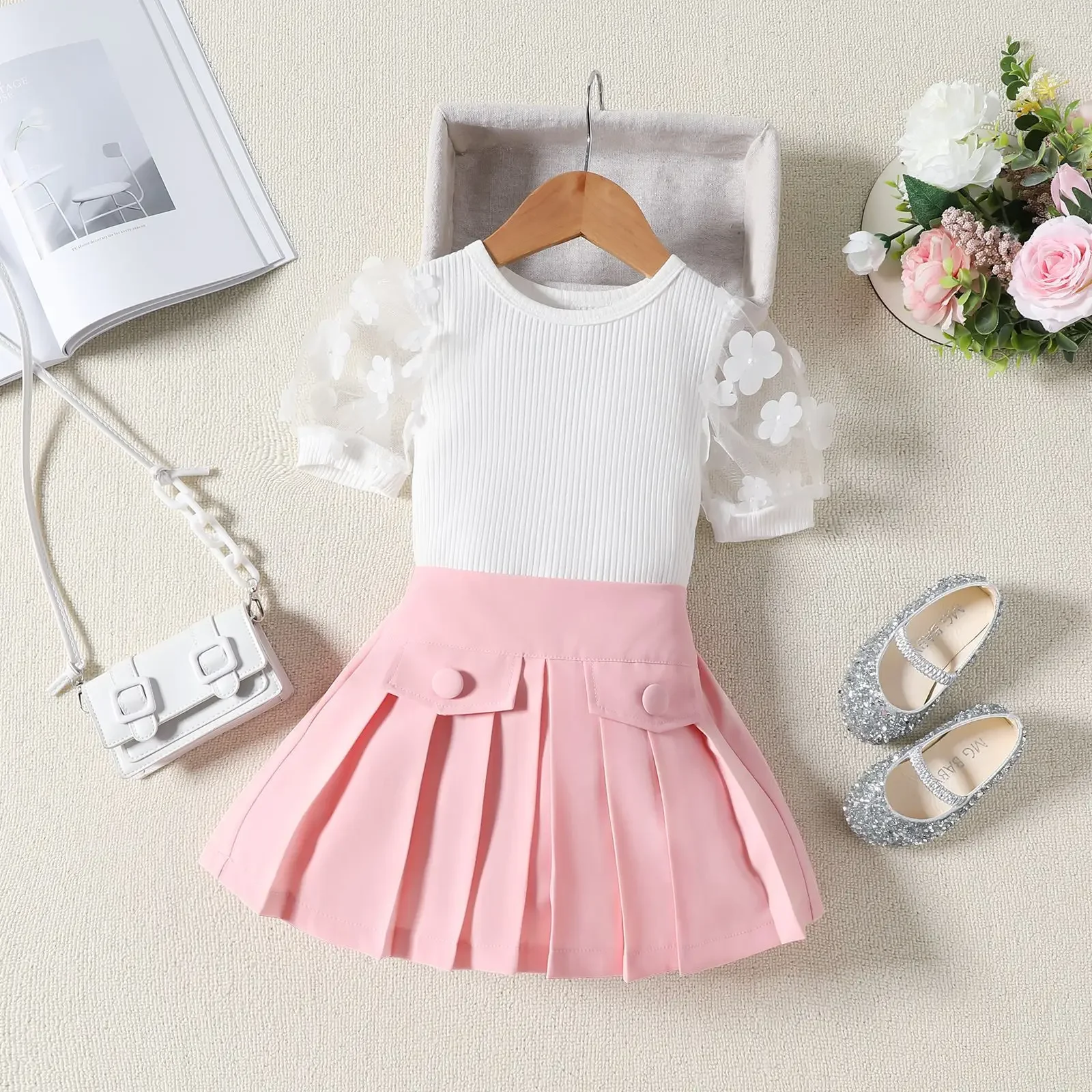 

New 2024 Summer Girls Clothes Sets Mesh Gauze Petal Short Sleeve White T-shirt Tops + Pleated Skirt Children's Casual Clothing