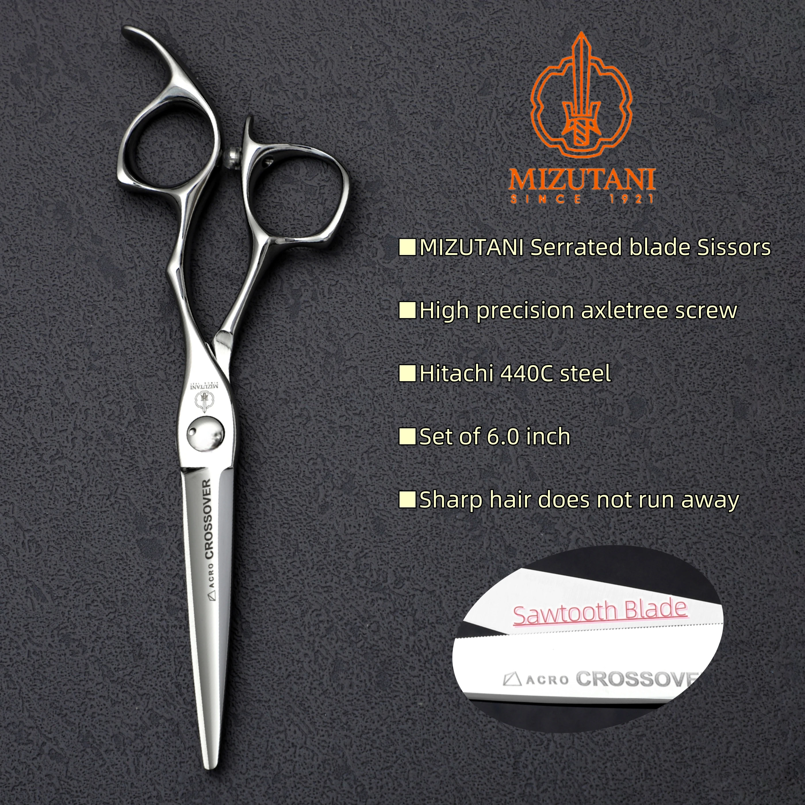 MIZUTANI Professional barber sissors 6.0 inch Serrated blade sissors 440c steel Barbershop hair cutting tools
