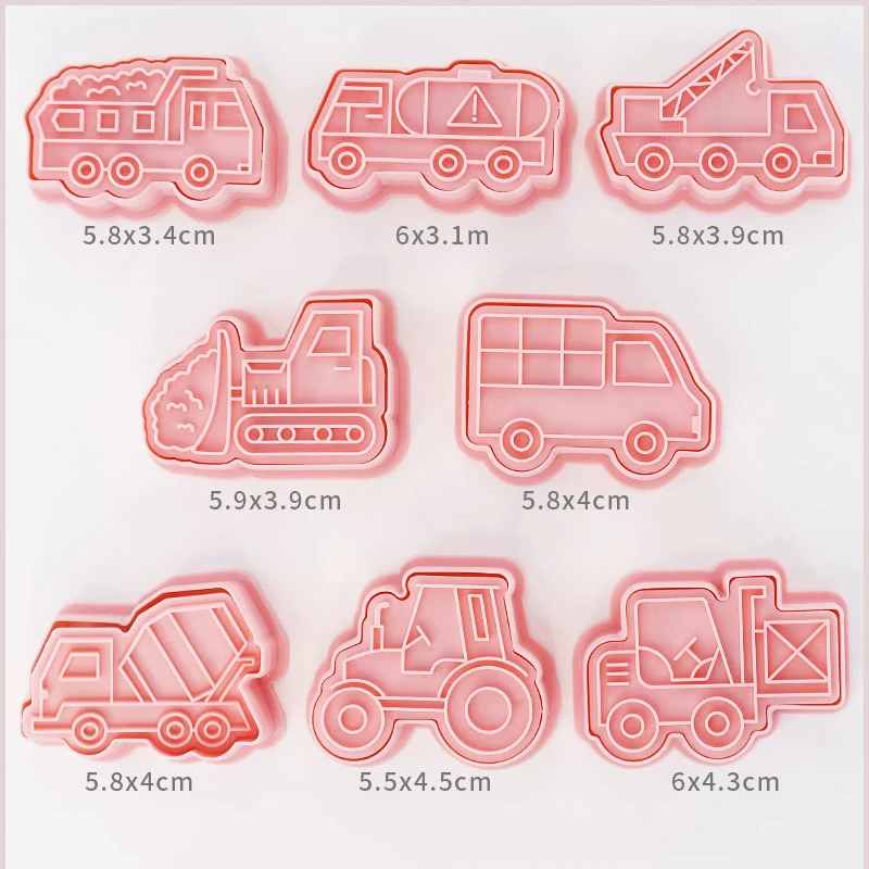 8 Pcs/set Engineering Truck Cookie Cutters Plastic 3D Cartoon Pressable Biscuit Mold Cookie Stamp Kitchen Baking Pastry Bakeware