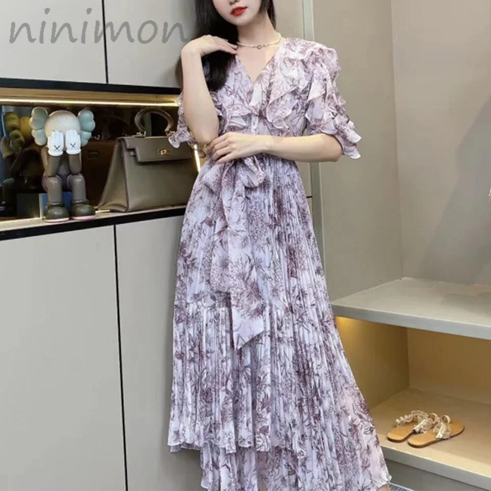 NINIMON Women Floral Print Pleated Dress Elegant Ruffle Short Sleeve High Waist V neck with Belt Summer Sweet Dress Snidel Limit| | - AliExpress NINIMON Women Floral Print Pleated Dress Elegant Ruffle Short Sleeve High Waist V neck with Belt Summer Sweet Dress Snidel Limit| | - AliExpress