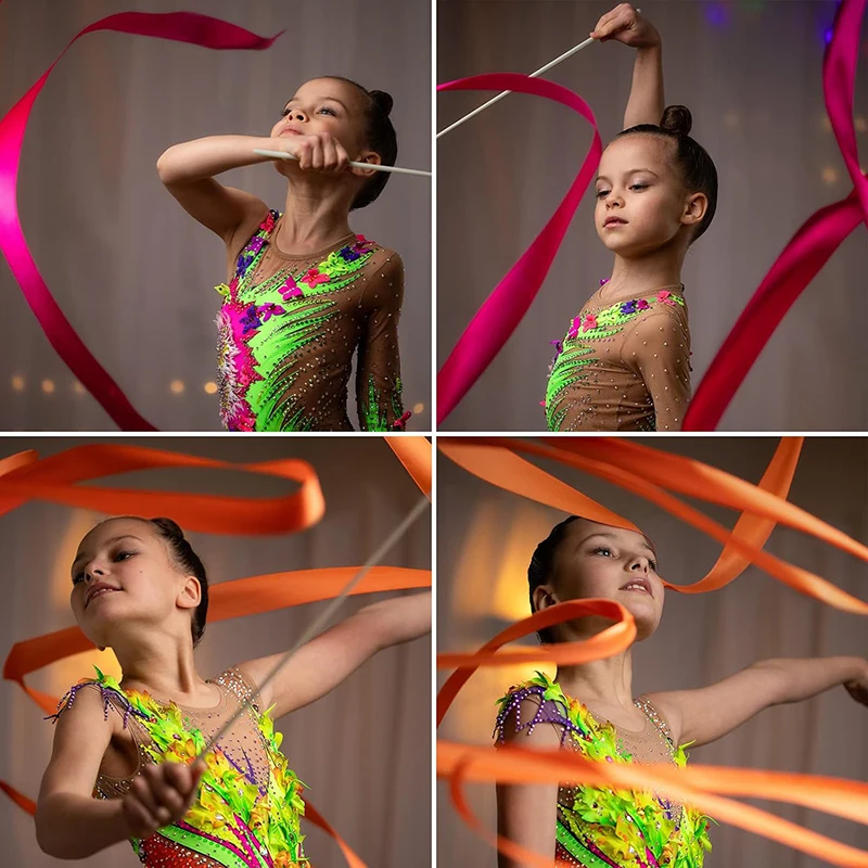 12Pcs Rhythmic Dance Ribbons Gymnastics Ribbon Dancing Streamers Baton Twirling for Artistic Dancing Gymnastics Kids Talent Show
