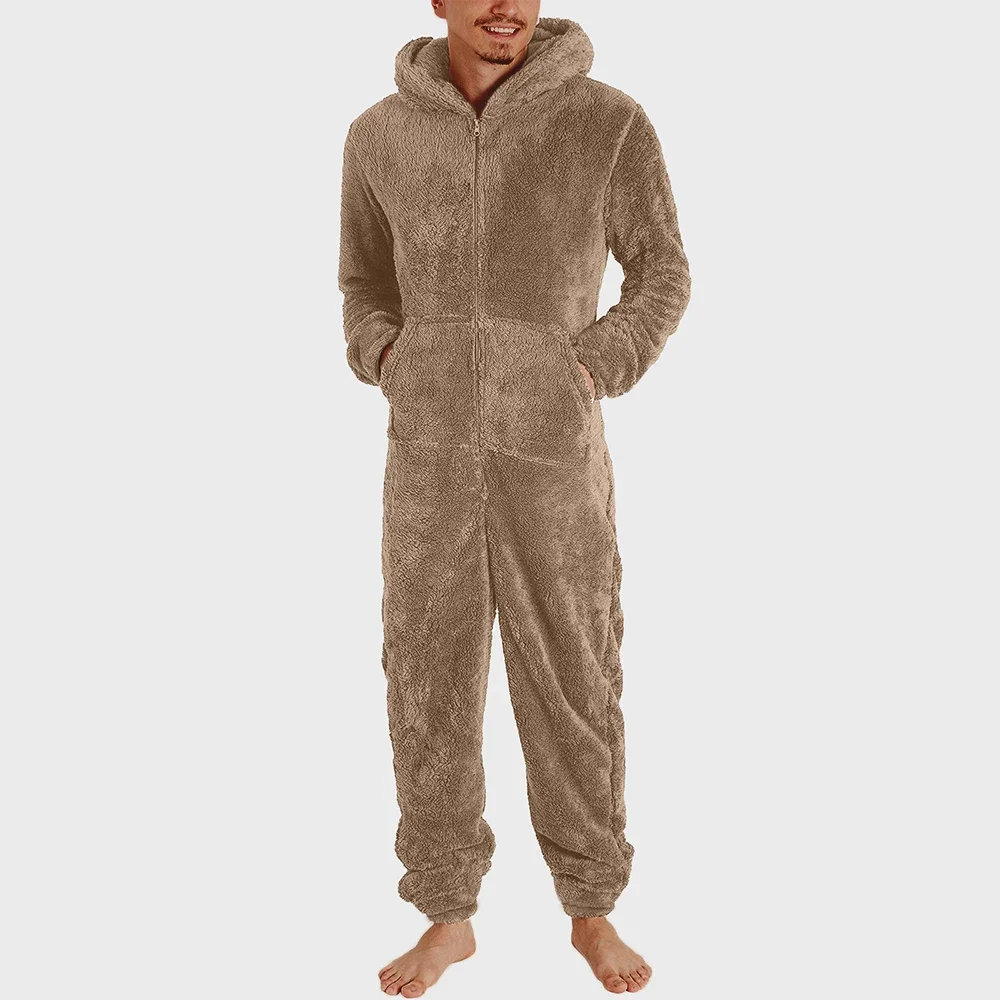 Men New Thick Warm Hooded Pajamas Winter Adult Casual Jumpsuits Couple Zipper Fleece Slim Sleepwear Nightgown Youth Loungewear