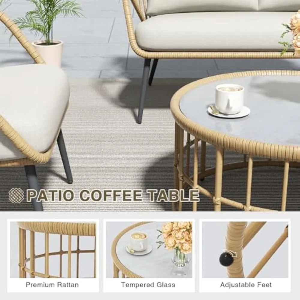 4 Pieces Outdoor Patio Furniture Set, PE Rattan Wicker Balcony Porch Deck Furniture, Conversation Set Patio Table and Chairs Set