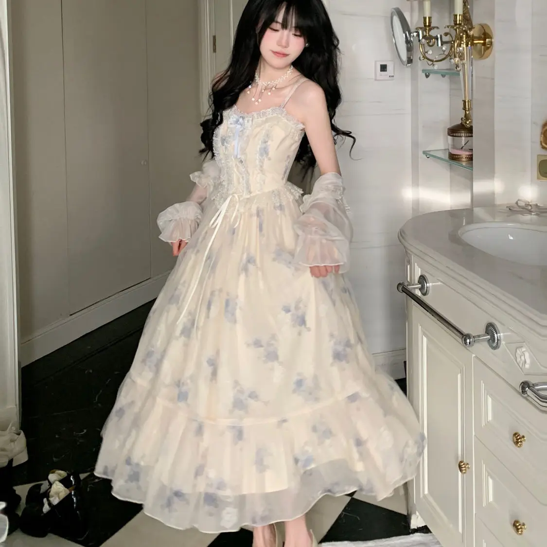 NIGGEEY 달콤한 프린트 메쉬 패치워크 레이스 테두리 서스펜더 원피스 페어리 롱 원피스, 나무 귀 레이스 업 가디건 세트, 용수철 여름