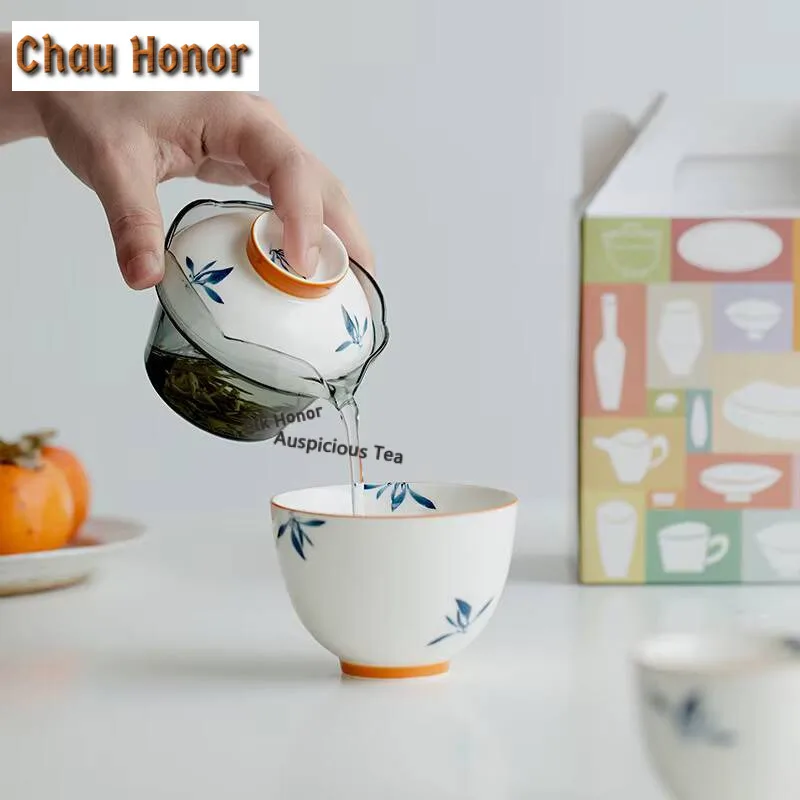 Pure Hand-painted Butterfly Orchid Travel Tea Set Creative Outdoor Glass Female Fast Customer Cup Portable 1 Pot 2 Cups Gift Box