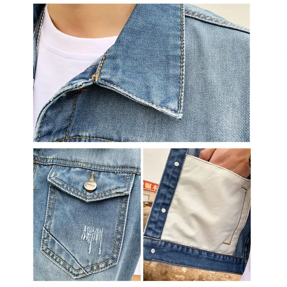 Description Picture 3 of itemSleeveless Denim Vest Men's Sleeveless Denim Jacket with Ripped Holes Pockets Single Breasted Washed Waistcoat for Casual Style