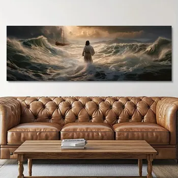 Abstract Landscape Poster Printing, Christian Canvas Wall Art Of Jesus Walking On The Sea, For Living Room Home Decoration