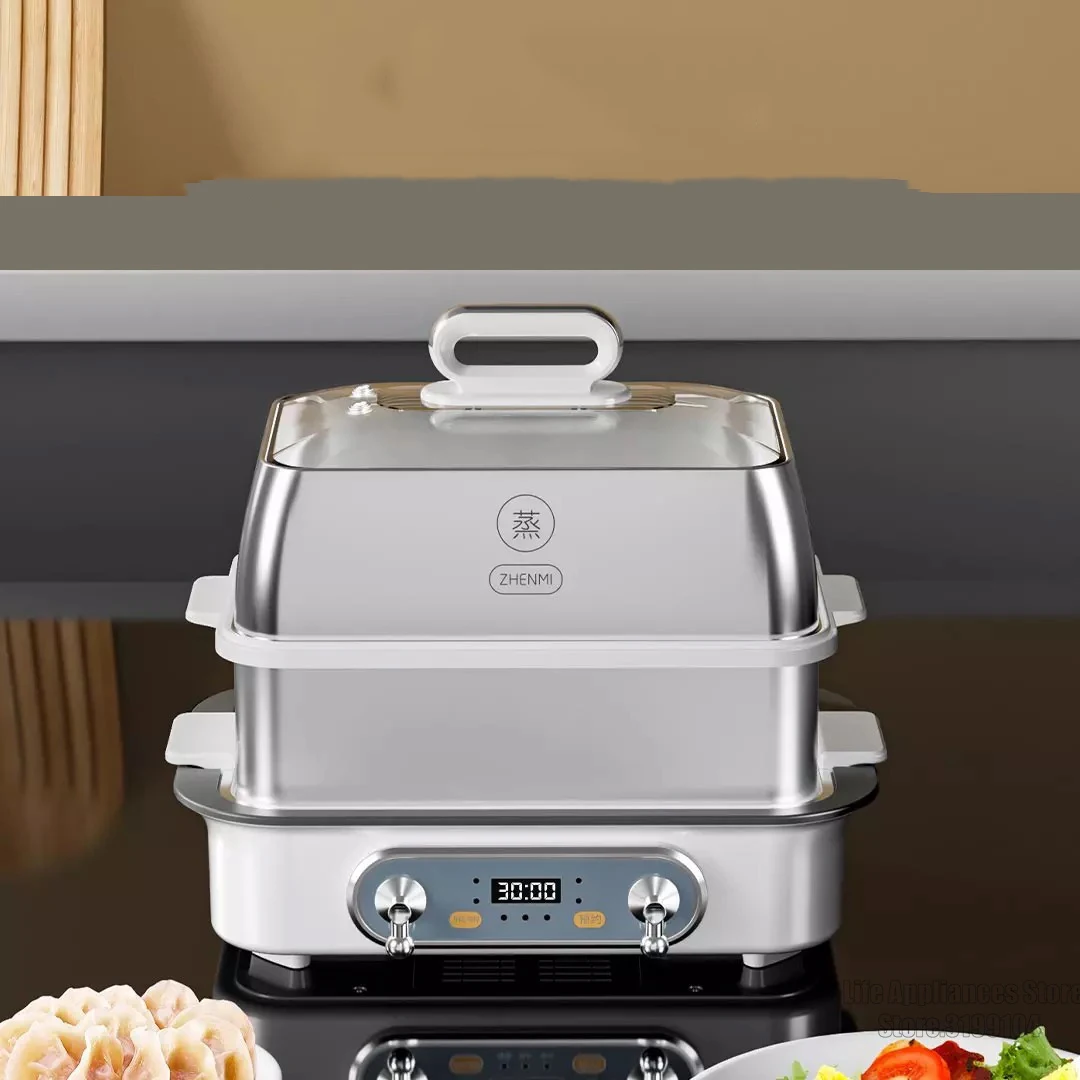 

ZHENMI Электрическая пароварка 13L Двухслойная кастрюля из нержавеющей стали с быстрым приготовлением на пару Домашняя булочка Рыба Курица 1500 Вт Для кухни ZMZG-07