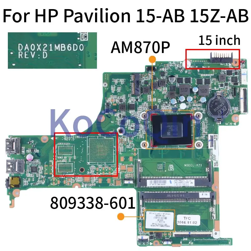 para hp Pavilion 15 Polegada 15z-ab 15-ab Notebook Mainboard 809338601 814749-601 A108700p Ddr3 Laptop Motherboard Da0x21mb6d0