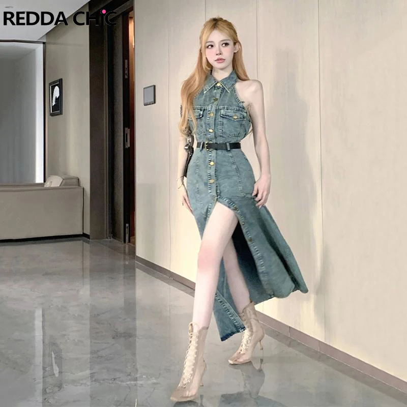 

ReddaChic Retro Spliced Denim Women Shirt Dress with Slit Lapel Sleeveless A-line Thigh-high Open Leg Midi Long Summer One-piece