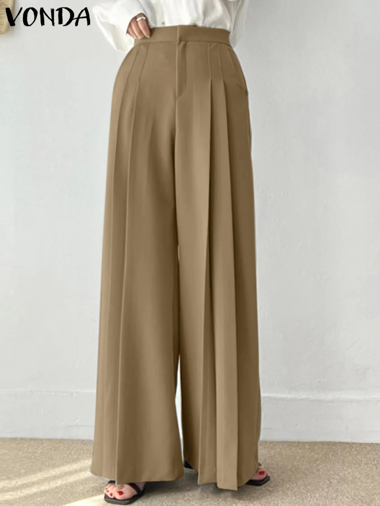 

Fashion Long Trousers VONDA Elegant OL Style Suit Pants Women High Waist Pockets Casual Pleated 2023 Solid Color Wide Leg Pants