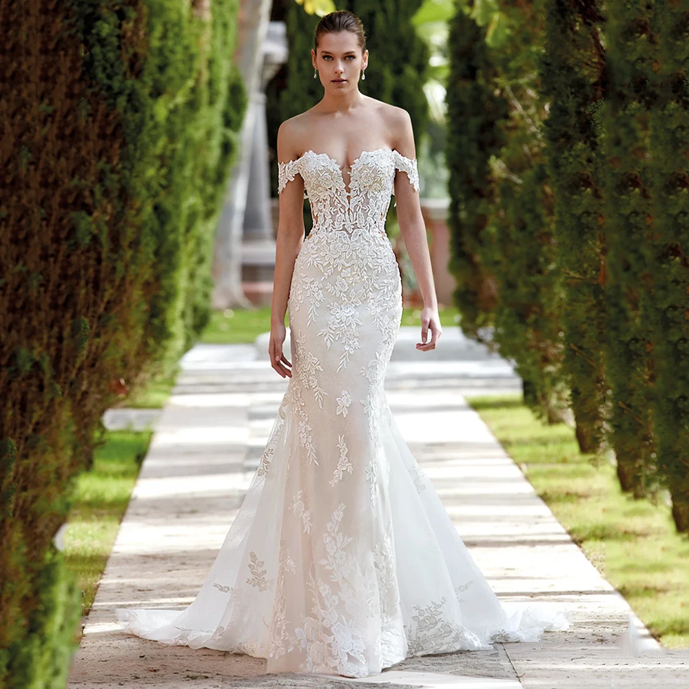 Sexy Lace Wedding Dresses Detachable Off Shoulder V Neck See Through Body Court Train Glitter Tulle  Mermaid Bridal Gowns 4