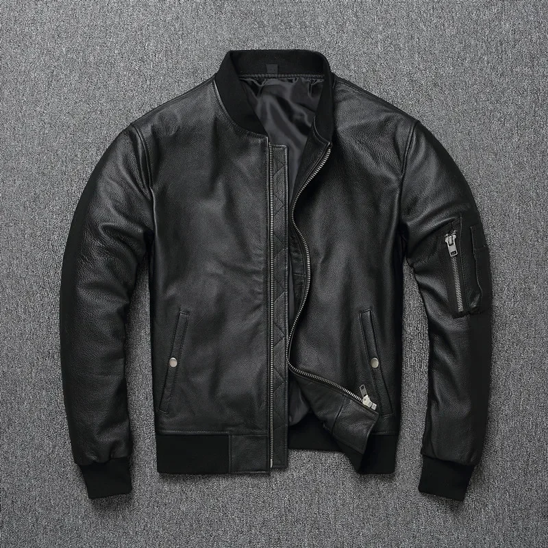 

Free shipping.Ma-1 Classic casual cheap genuine leather jacket.men black slim bomber style cowhide coat,Plus size.Air Force