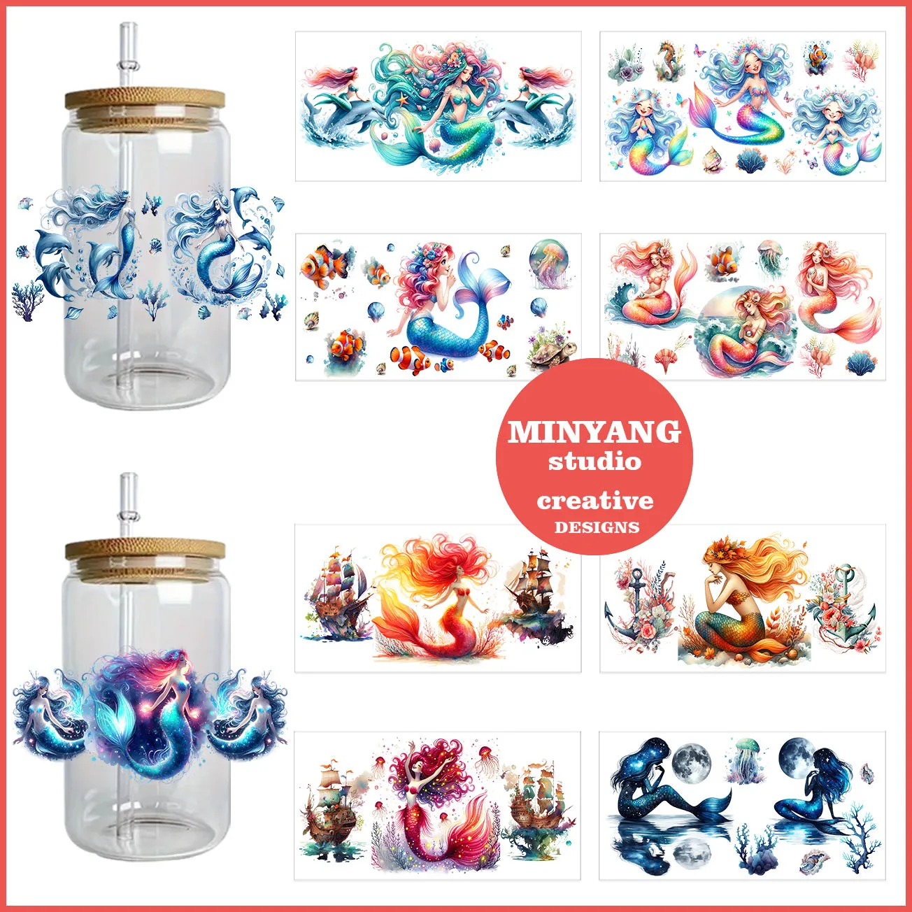 Colorful mermaid peel waterproof DIY Decals 3D transfers uvdtf crystal stickers 16oz uv dtf cup wraps for Libbey Glasses