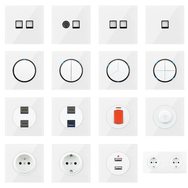 Rewnssin Light Switches and Sockets All Series Glass White Modern Style Random Click Push Button ON OFF EU Outlet Cat5e Socket double light switch