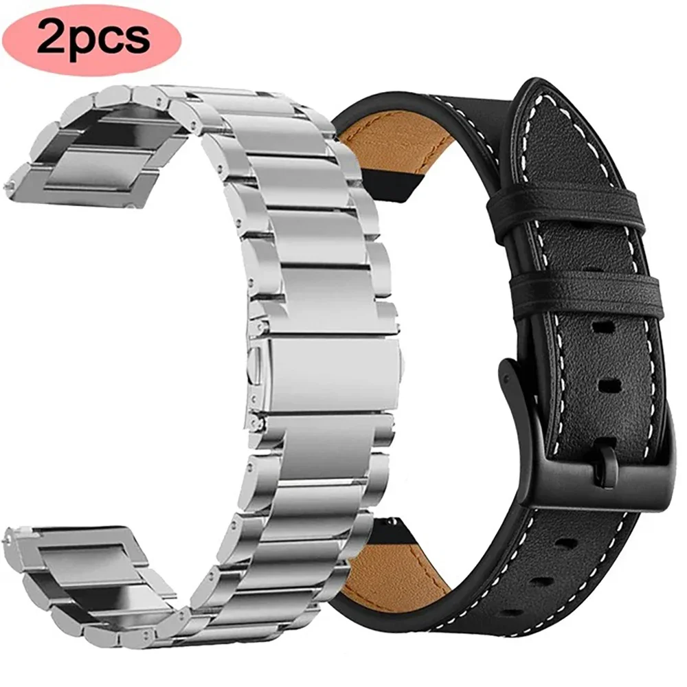 Premium 22mm Stainless Steel and Leather Watch Band Bracelet