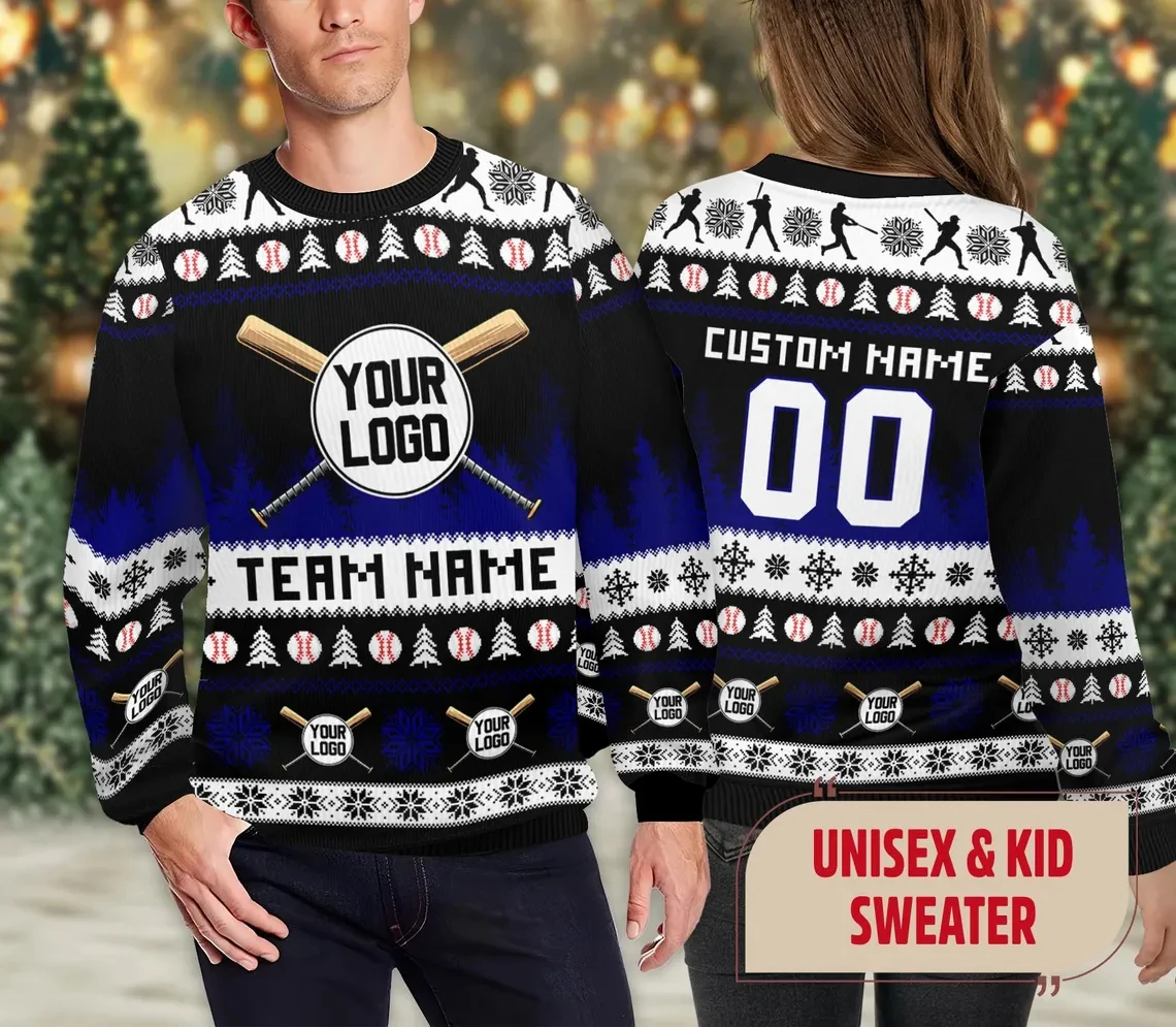 Nome personalizado nome da equipe feio suéter de natal personalizado seu logotipo moletom gráfico diy homens mulheres crianças presentes pullovers
