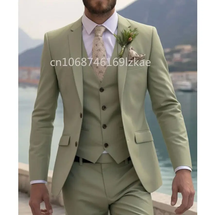 Wedding Light Green Men's Suits Notched Lapel Single Breasted Elegant Fashion Terno 3 Piece Jacket Pants Vest Slim Fit