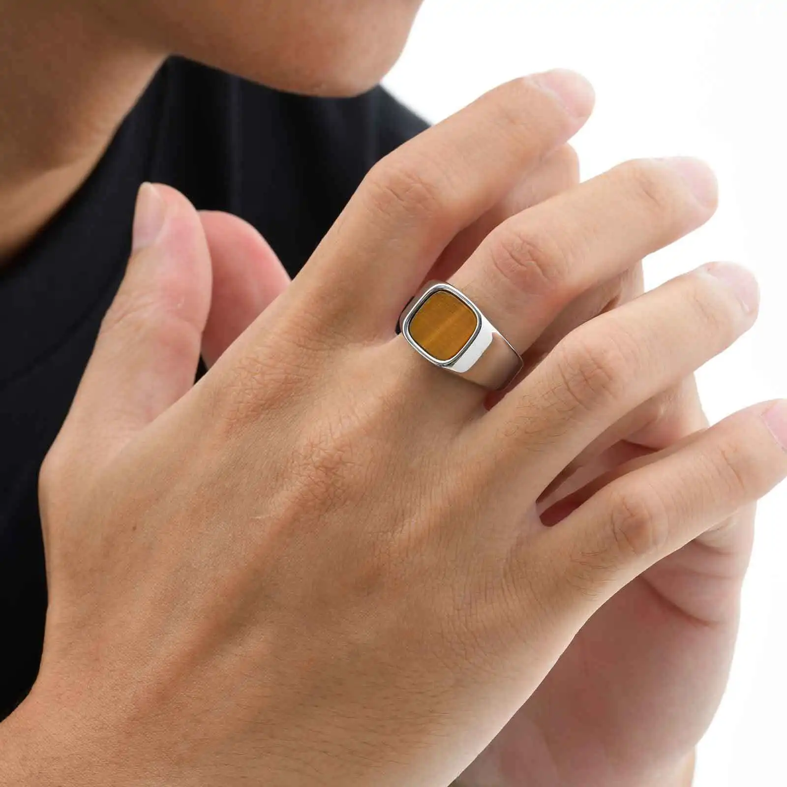 Punk Men's Square Ring,Stylish Waterproof Stainless Steel Ring,Glass Stone Tiger Eye Natural Stone Stamp Ring Thumb Ring Gift