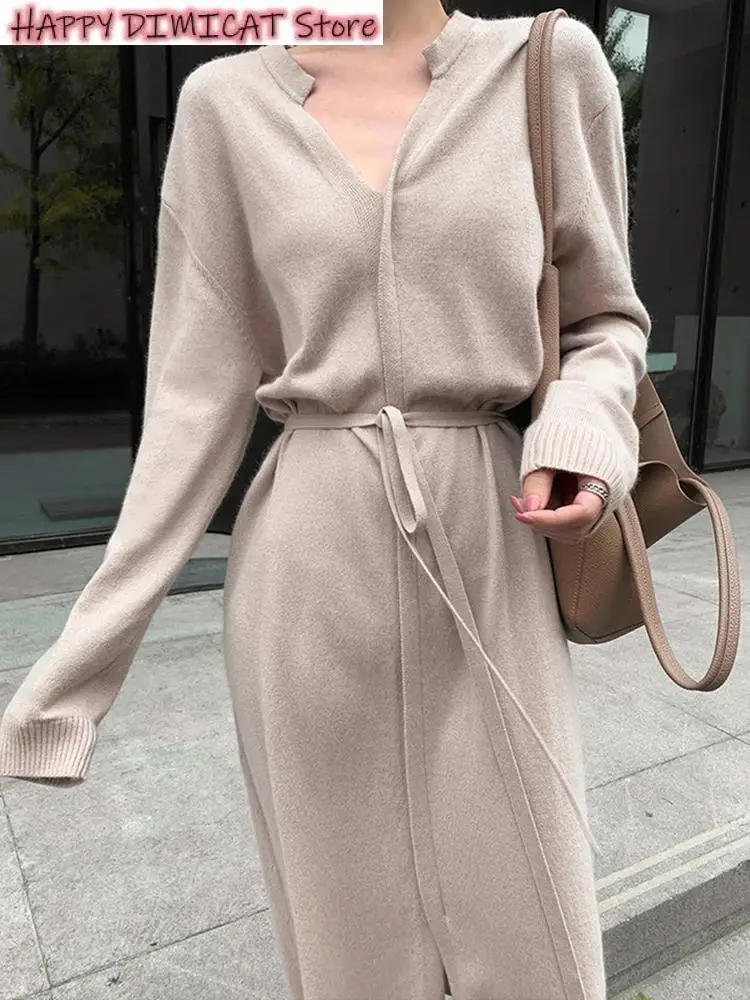 

Female Maxi Dress Autumn Winter Clothing Vintage Sweater Knitted Dress for Women Brief V-neck Warm Drawstring Lace-up Loose Midi