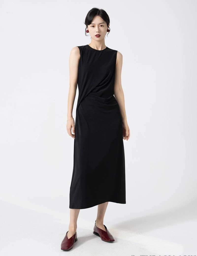 

Летнее женское платье The0ry *, без рукавов, с круглым вырезом, черного цвета, со складками, офисное женское платье до середины икры, с завышенной талией, в классическом стиле