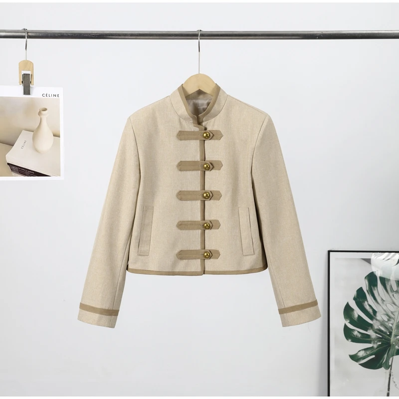 Beige abgeschnittene kurze Jacke für Damen, modisch, Stehkragen, Knebelverschluss, volle Ärmel, Mantel, 2023, Herbst, weibliche Pendel-Oberbekleidung – Detail 3