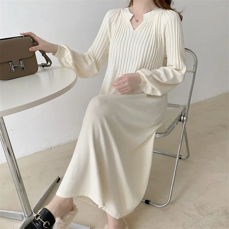 

Coat Wool Autumn Winter New Style Foreign Style Age Reducing V-neck Knee Length Knitted Dresses for Women 2022 Vestidos y2k Full