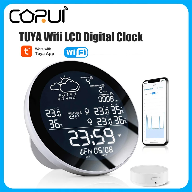 

CoRui TUYA Wifi LCD Digital Clock Temperature Humidity Meter Indoor Smart Thermometer Hygrometer Weather Station TH Sensor