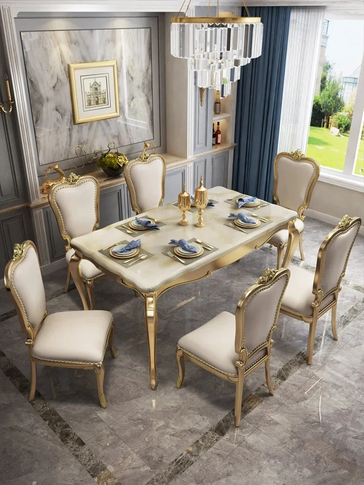 American light luxury solid wood dining table and chair combination living room luxury European marble dining table rectangular