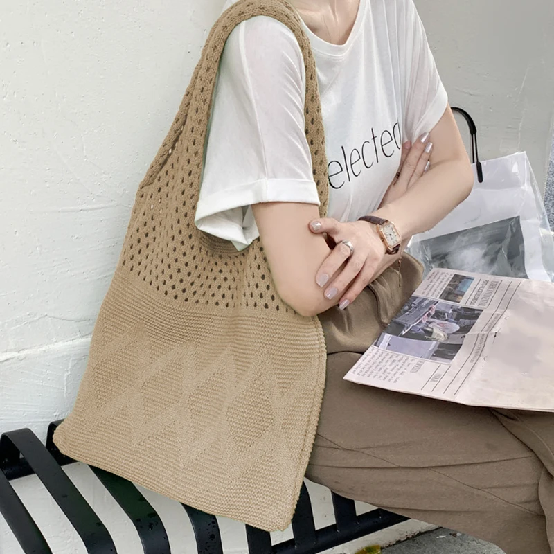 Vintage Hollow Woven Underarm Shoulder Bag Knitted Handbag for Women Large Capacity Shopper Totes Ladies Beach Travel Bag