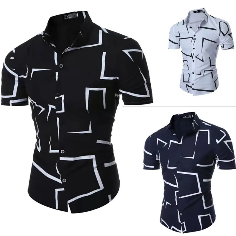 

2022 spring next season new European and American men's trend of leisure fitness geometric printing lapel short sleeve shirt