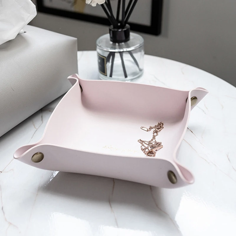 1PC PU Leather Storage Box Desktop Tray Jewelry Cosmetic Phone Key Wallet Coin Basket Folding Storage Case Table Organizer 6