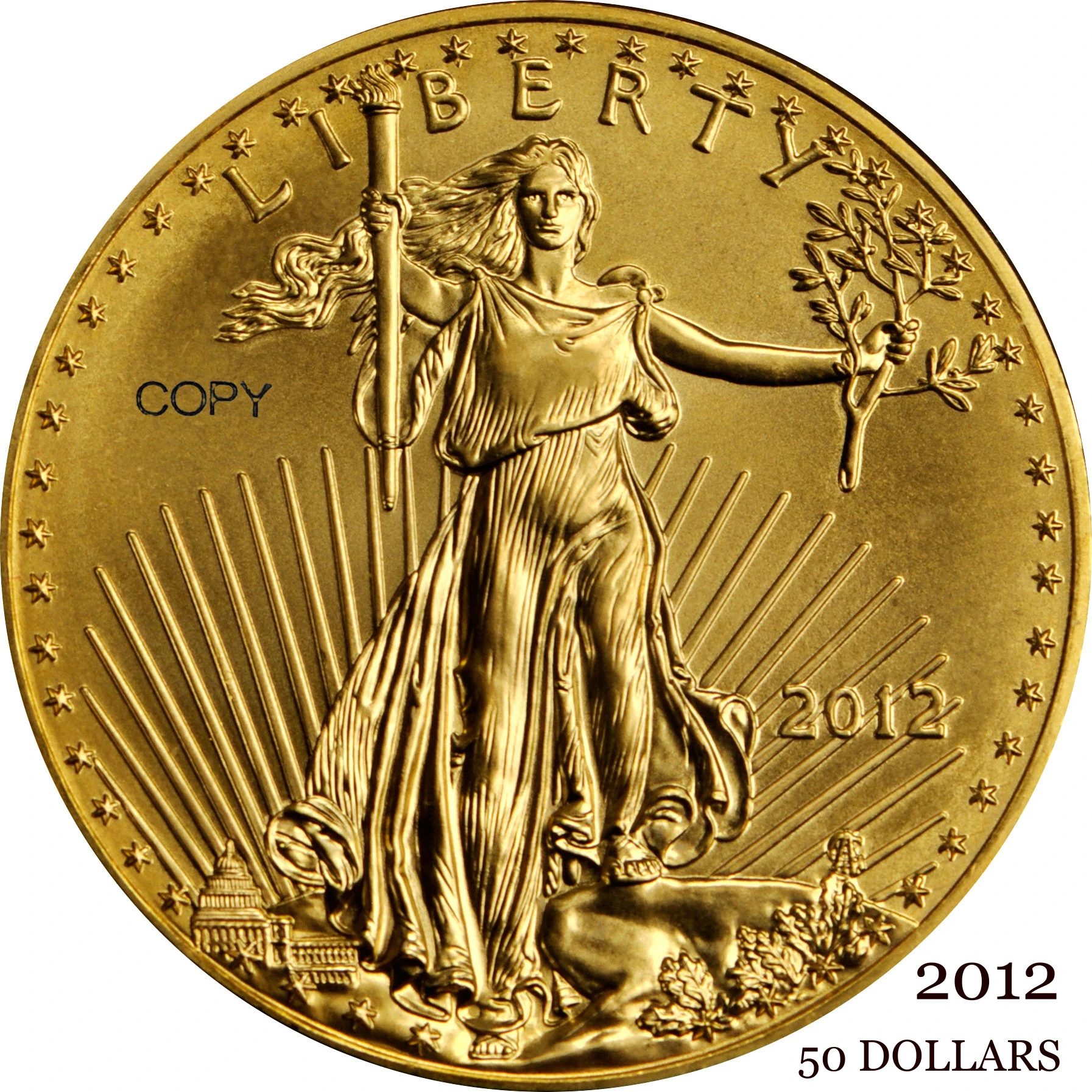 

United States US 2012 $50 50 Dollars One Ounce American Fine Gold Eagle Bullion Coinage USA Liberty Brass Metal Copy Coin
