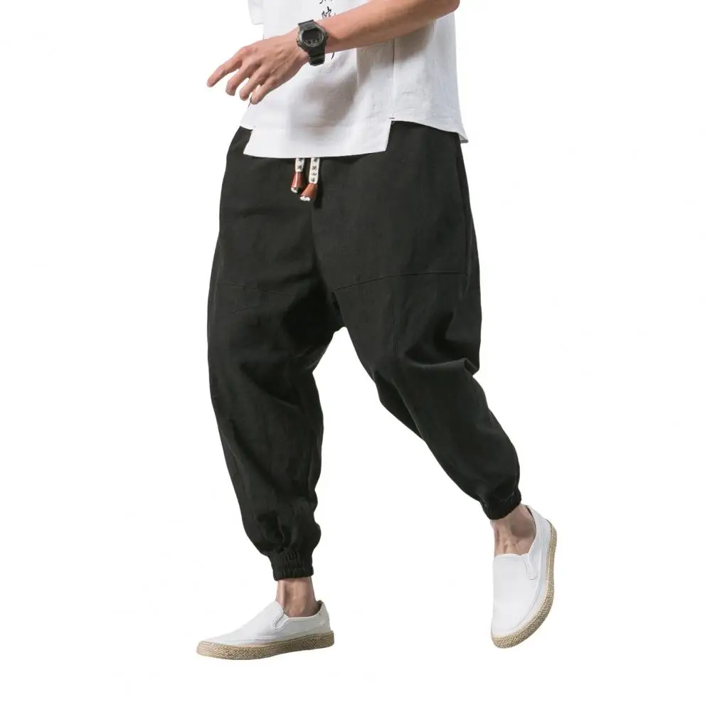 Elastic Waist Trousers Japanese Style Men's Harem Pants with Deep Crotch Ankle Length Pockets for Casual Daily Wear in Plus Size 5