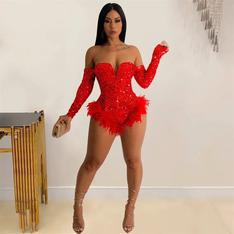 Fashion Sequins Splicing Feather Jumpsuit Women Sexy Backless Long Sleeve Slim Fit Chic Bodysuit Female Party Club Gala Rompers 5