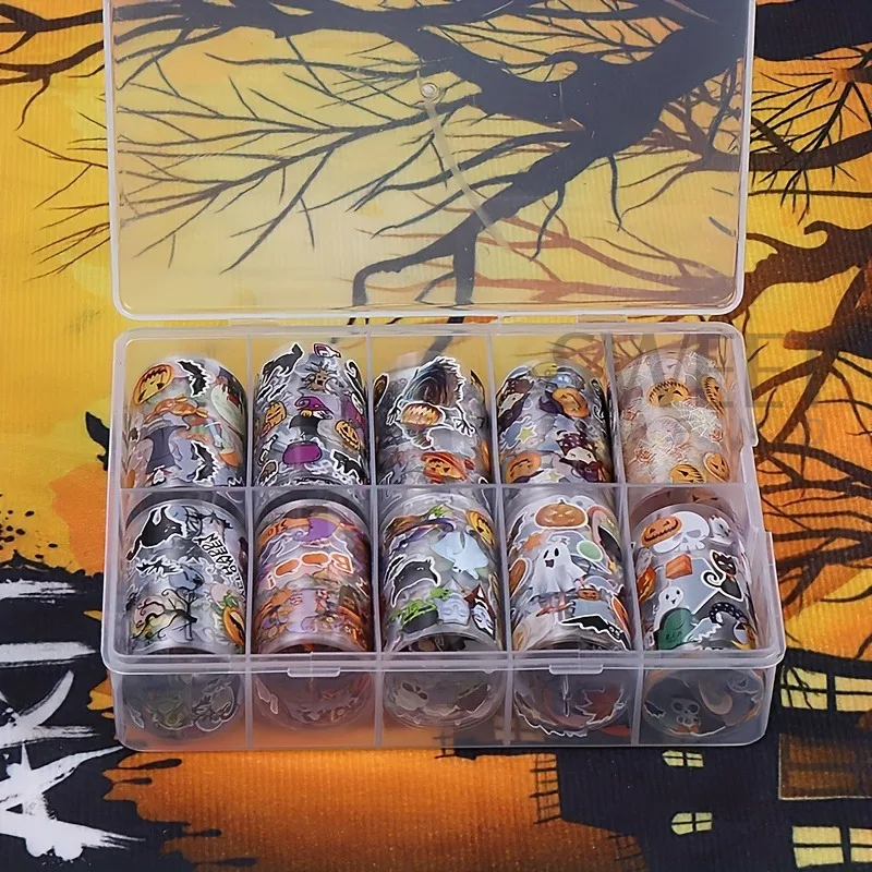 10 Rolls Cartoon Halloween Transfer Nail Foils Black Cat Bat Pumpkins Wiches Starry Sky Paper 2025 Holiday Decor Manicure Decals