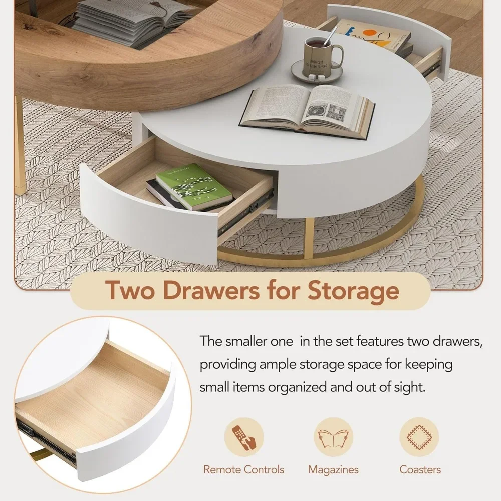 Round Lift-top Nesting Coffee Tables with 2 Drawers for Living Room, Coffee Table 4