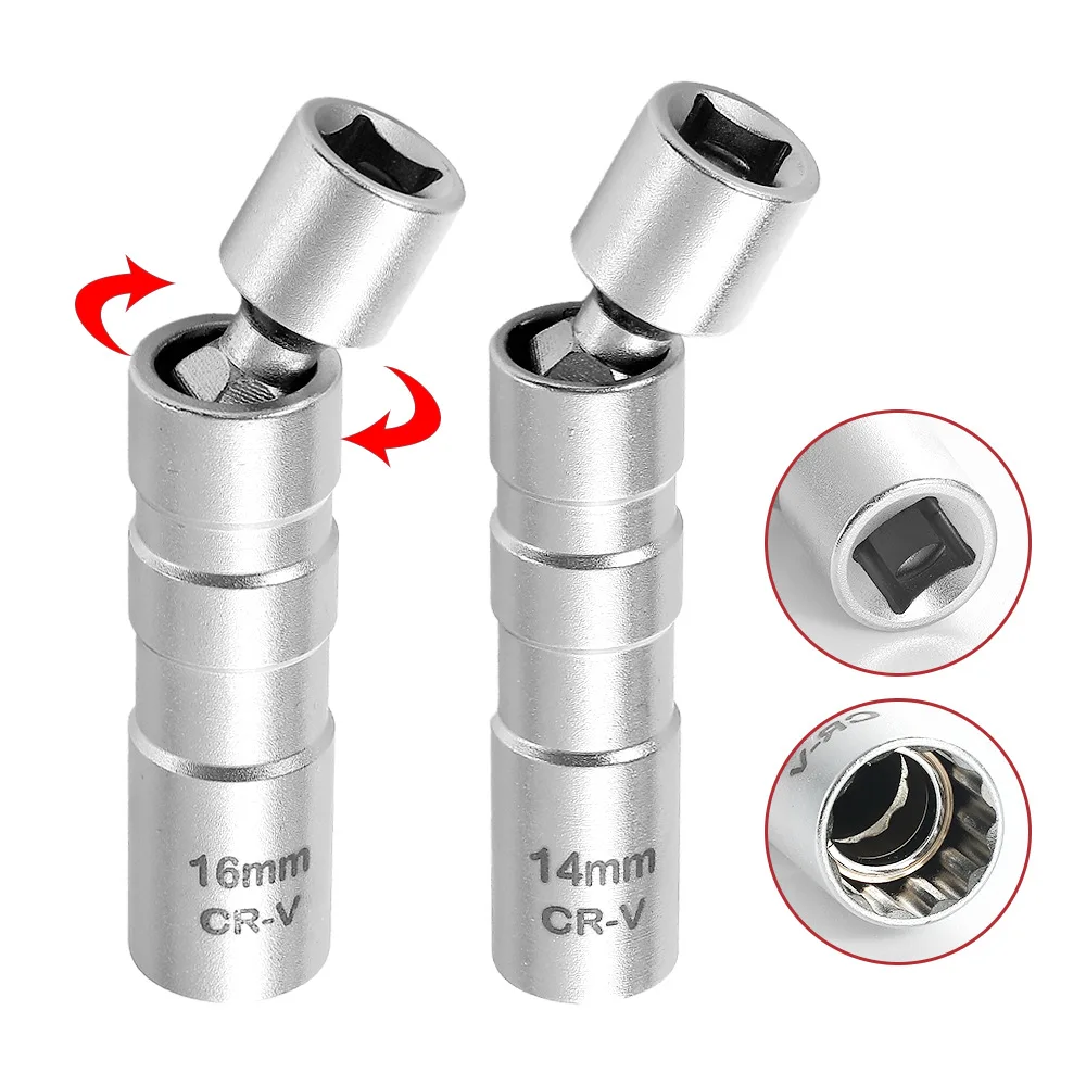14mm 16mm With Magnetic Thin Wall Universal Joint Spark Plug Socket 12 Angle Flexible Socket Wrench Car Repair Tool