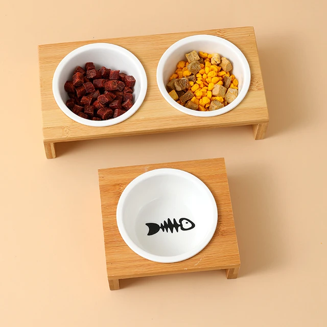 Pet Cat Dog Double Bowl Single Bowl Ceramic Bowl Bamboo Wooden Table Into A Kitten Skid Resistant Double Bowl Small Dog Food Bow 3