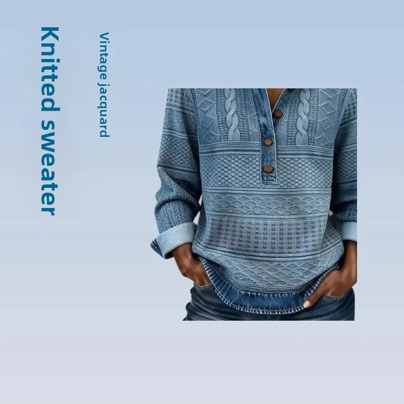 Nuova Camicia Casual da Donna 2025 con Collo a Polo e Maniche Lunghe in Maglia, Versatile per Autunno e Inverno, con Patchwork in Denim, Misto Poliestere e Cotone