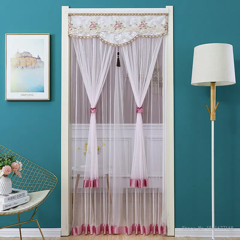 Punch-Free Mosquito Screen Door Curtain, Breathable Bedroom Partition Curtain, Double Layer Lace Embroidered Door Curtain