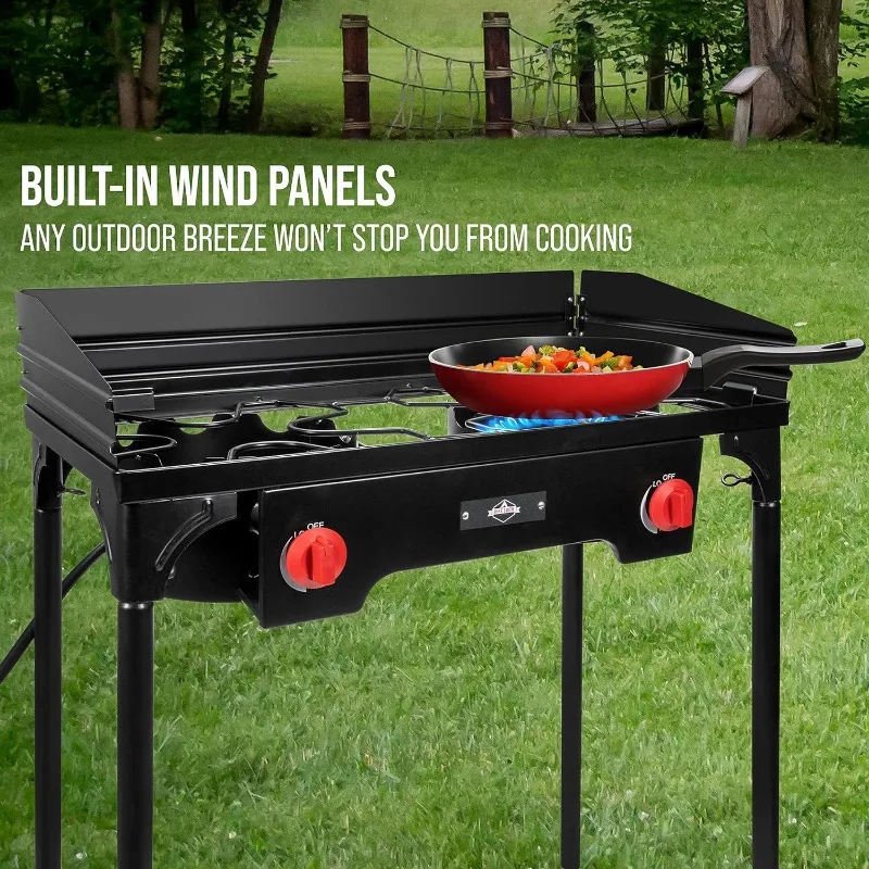 Cast Iron Double-Burner Outdoor Gas Stove 150,000 BTU Portable Propane Cooktop w/Blue Flame Control, Removable Legs,