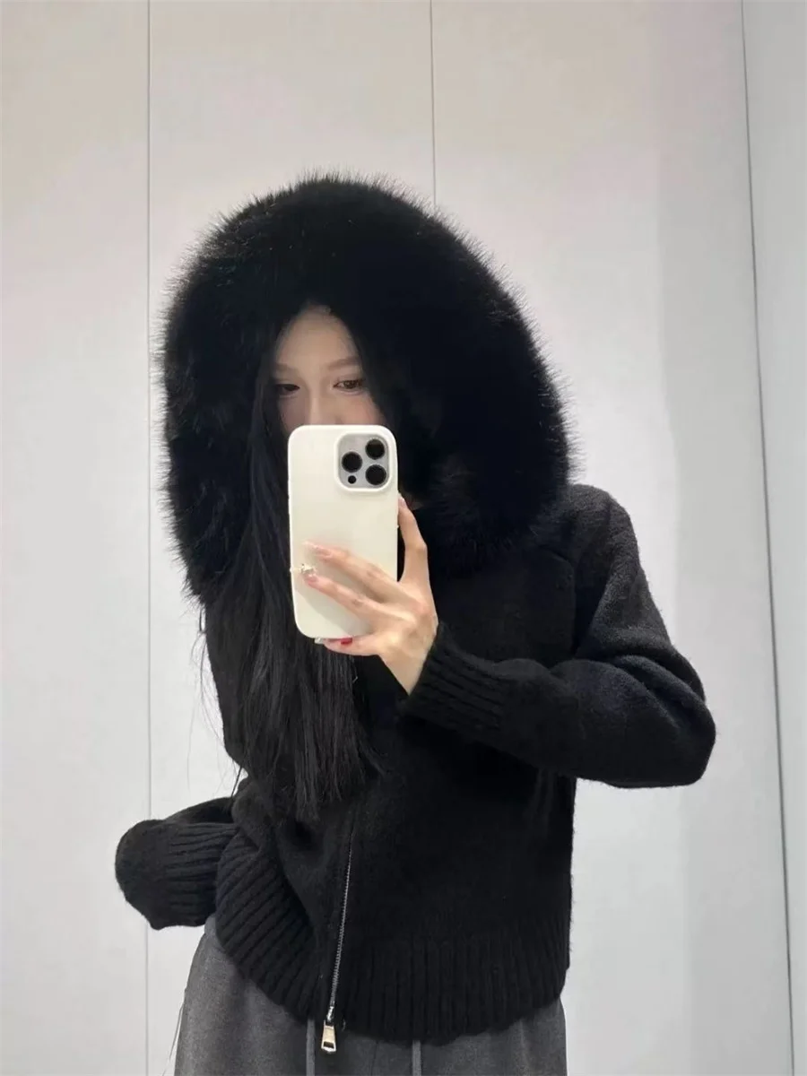 Loose Zipper Kintted Jacket Oversized Cardigan Kintwear Women Winter Autumn Hooded Sweater Female Solid Fake Fur Knitting Coat