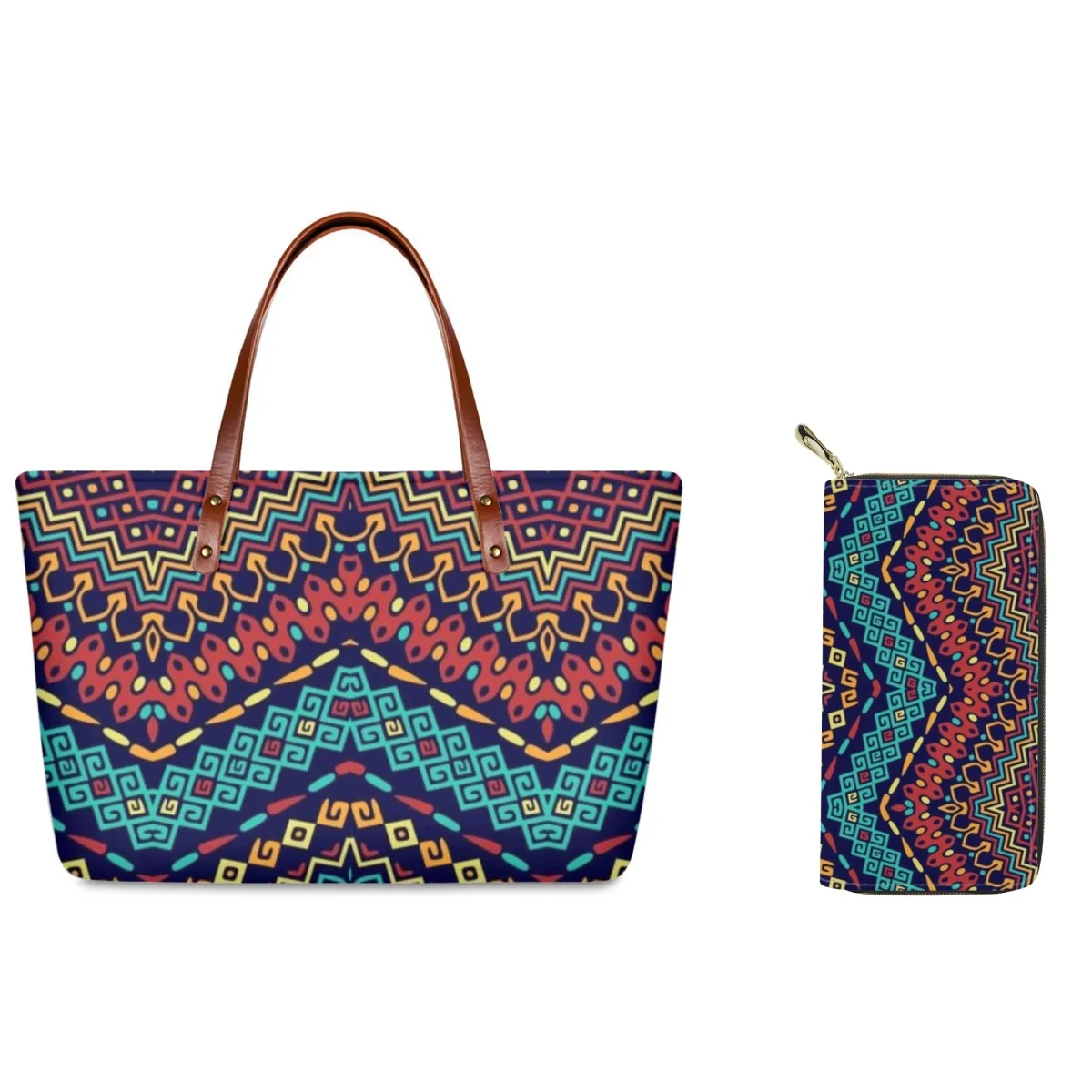 Original Vintage Pattern Large Capacity Totes Leather Wallet Combo Tribal Geometric Design Fashion Trend Ladies Handbags